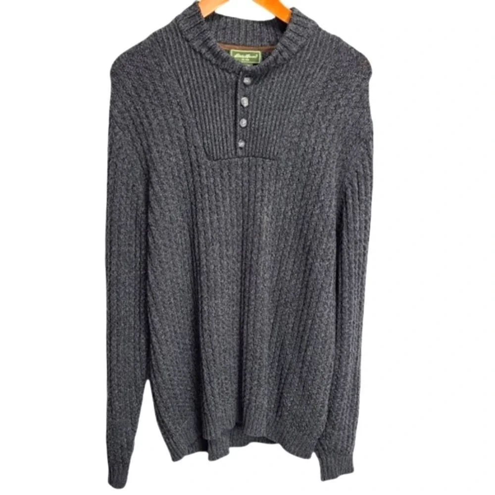 Eddie Bauer Mens Gray Ribbed Cotton Henley Sweater Mock Neck Size Large